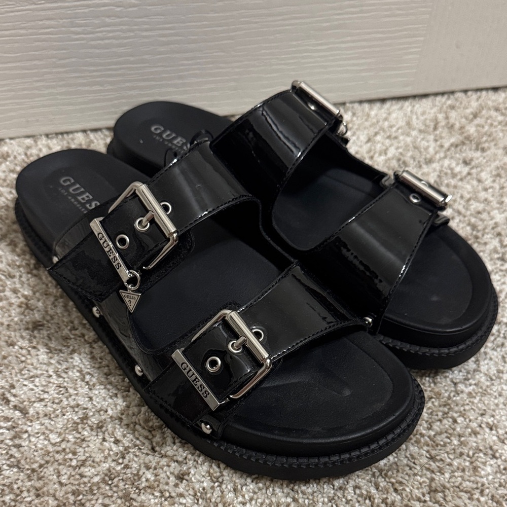 Guess NWOT Glossy Black Slides with Silver Buckles US 11